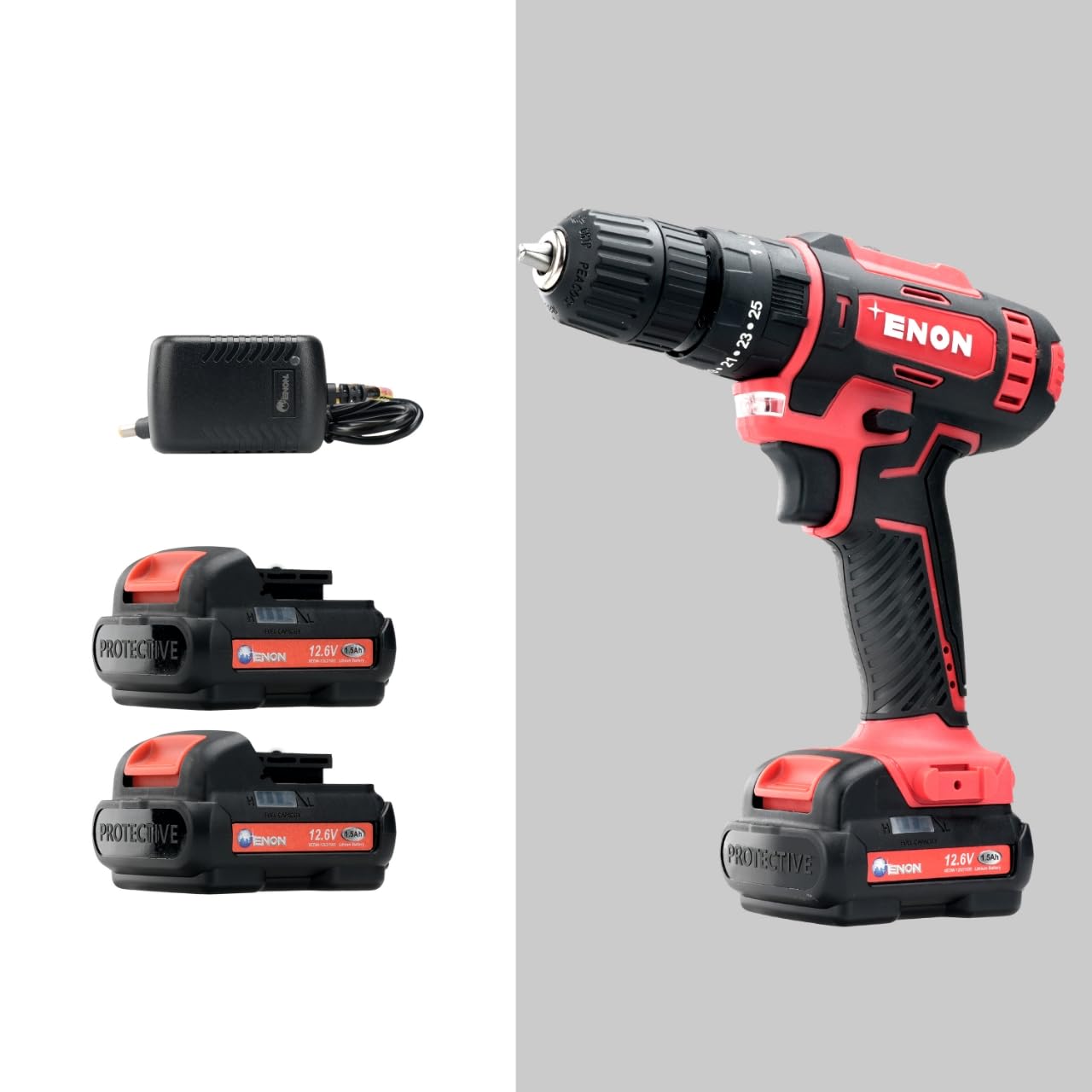 Enon Cordless Impact Drill for Home Use, 12.6V, 1500Rpm, Chuck 10mm, 25 Level Torque, F/R Trigger, 2 Modes, Magnetic Base, 2X1.5Ah Batteries, Keyless Chuck, Drill Kit - 6 Month Warranty (XE-CD1610) Enon Cordless Impact Drill for Home Use, 12.6V, 1500Rpm, Chuck 10mm, 25 Level Torque, F/R Trigger, 2 Modes, Magnetic Base, 2X1.5Ah Batteries, Keyless Chuck, Drill Kit - 6 Month Warranty (XE-CD1610)